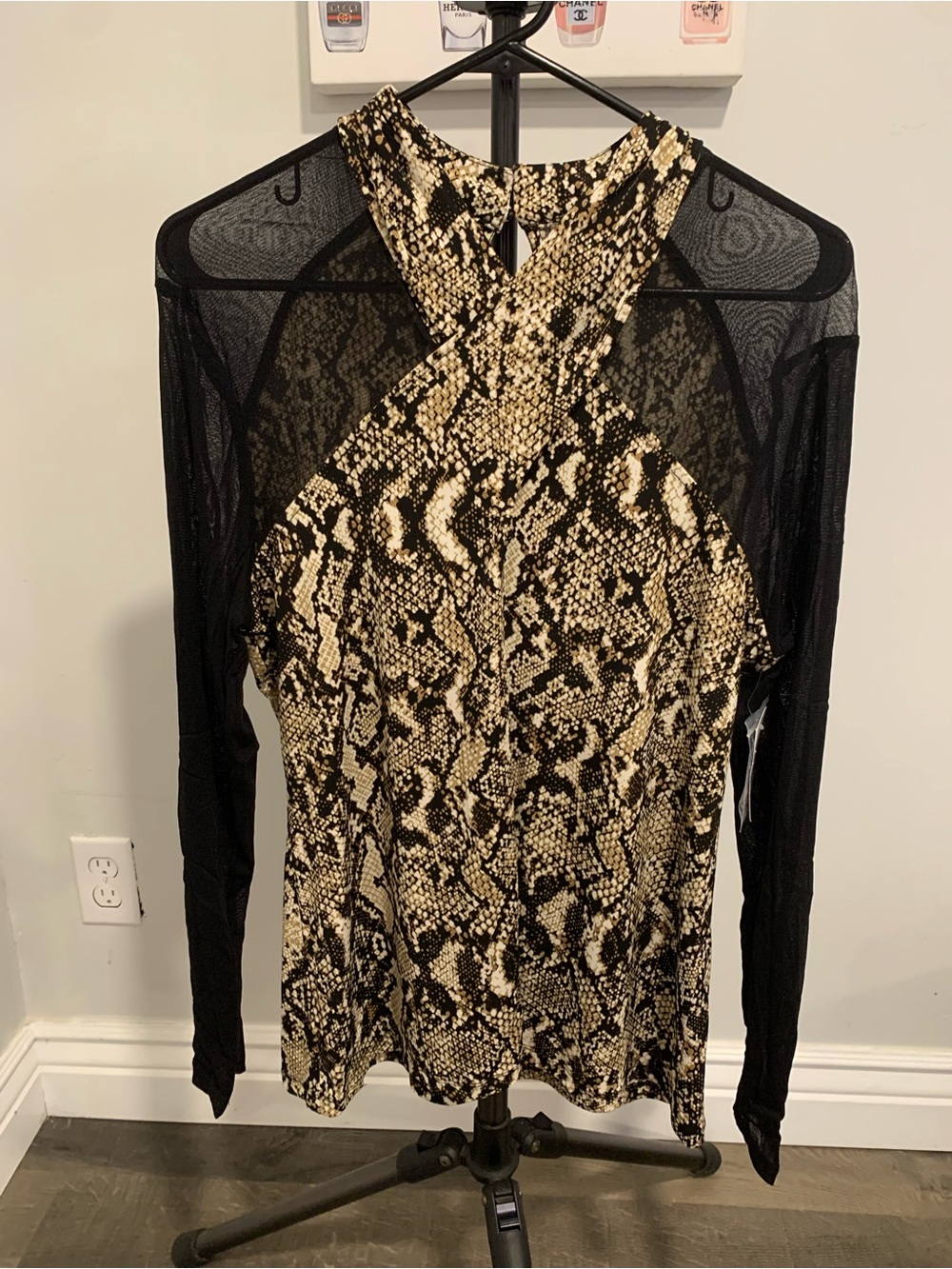 INC Snake Print Mesh Sleeve Halter Top - Black & Cream -GB022